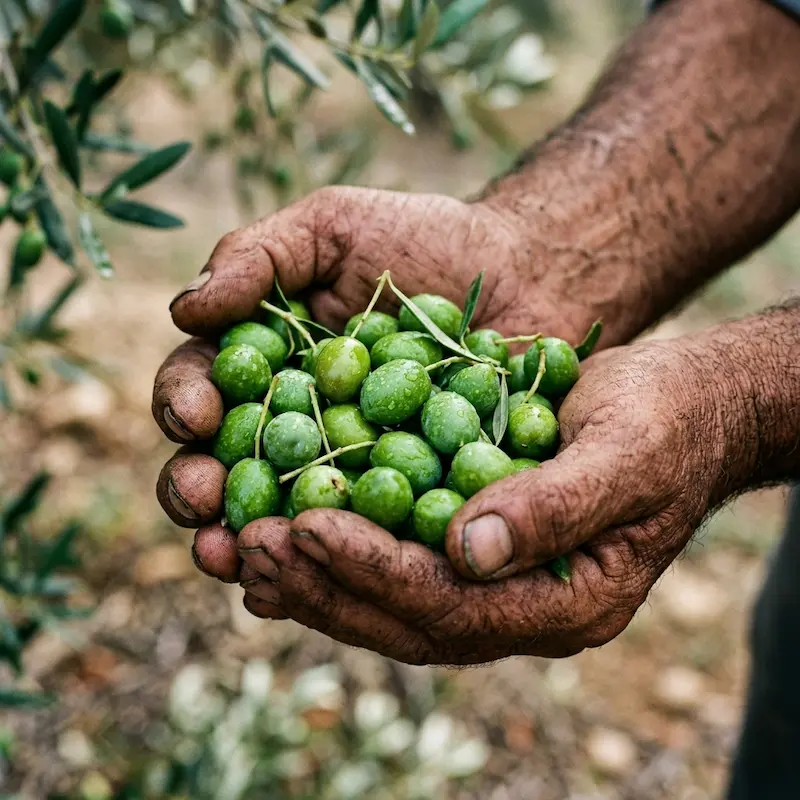 Farmer hands holding premium green unripened olives